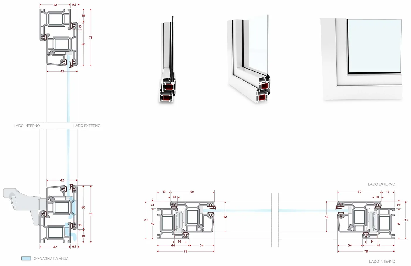 Cortes técnicos cotados da Janela Maximar Comfort — corte vertical e horizontal, medidas em milímetros