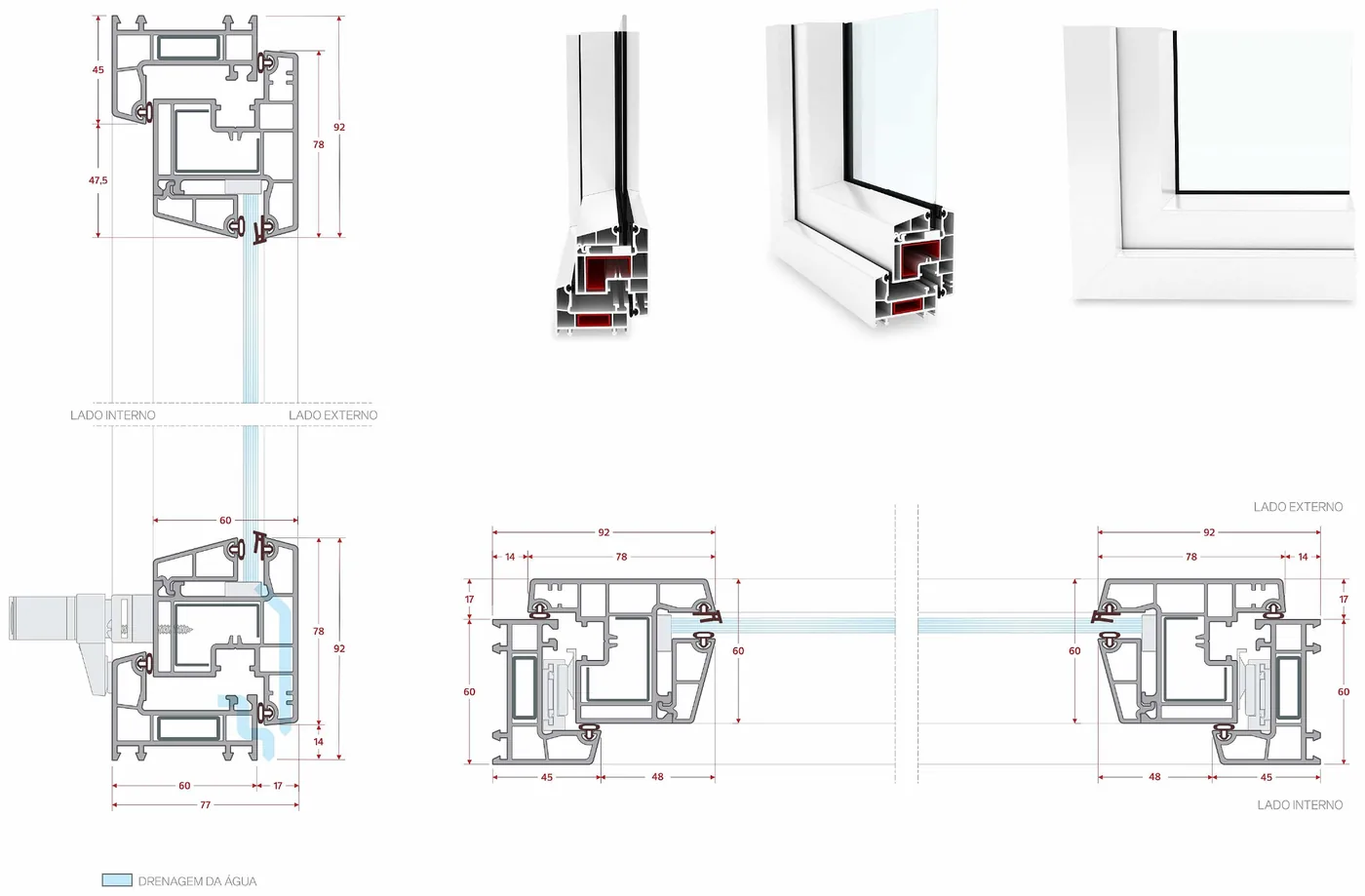 Cortes técnicos cotados da Janela Maximar Elegance — corte vertical e horizontal, medidas em milímetros