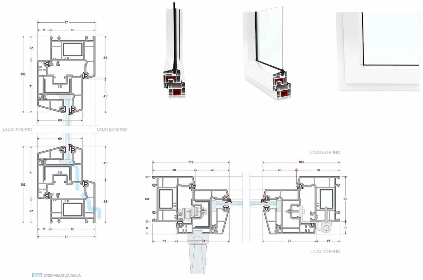 Cortes técnicos cotados da Janela Oscilo-batente Elegance — corte vertical e horizontal, medidas em milímetros