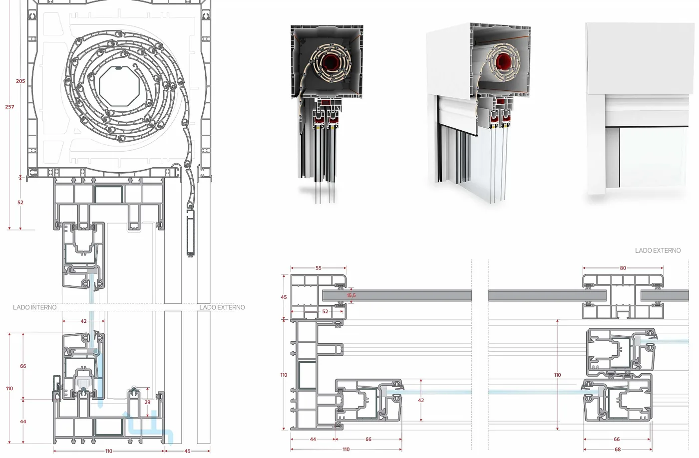 Cortes técnicos cotados da Persiana Premium 200 mm — corte vertical e horizontal, medidas em milímetros