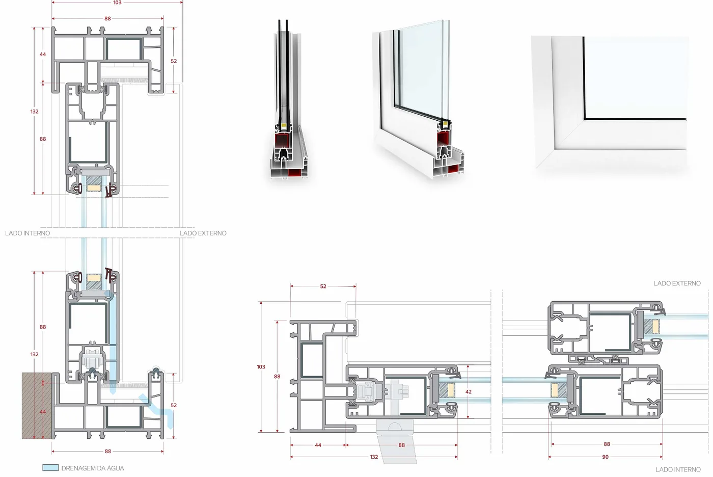 Cortes técnicos cotados da Porta de Correr Comfort 2 Folhas — corte vertical e horizontal, medidas em milímetros