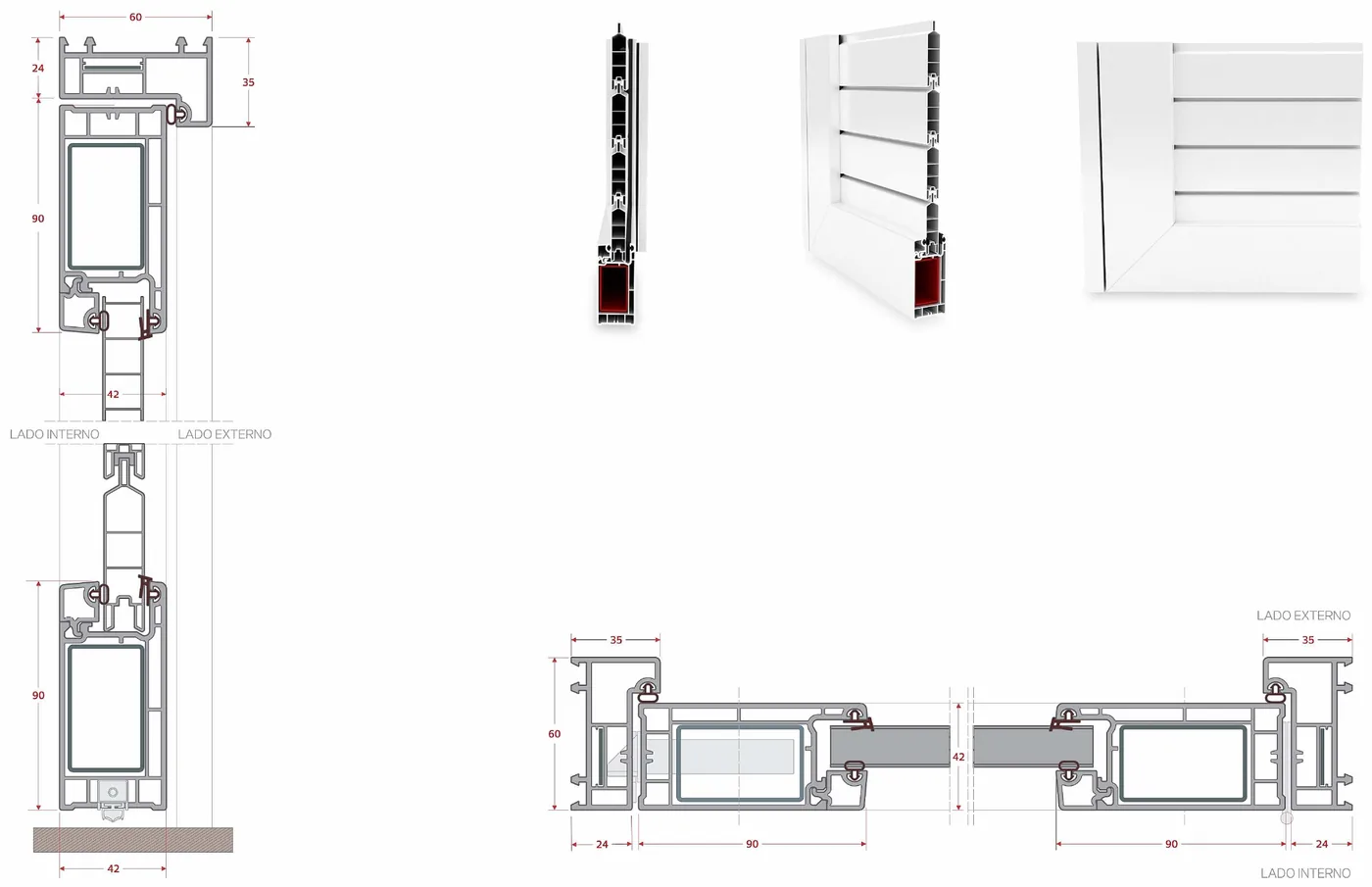 Cortes técnicos cotados da Porta de Giro Comfort — corte vertical e horizontal, medidas em milímetros